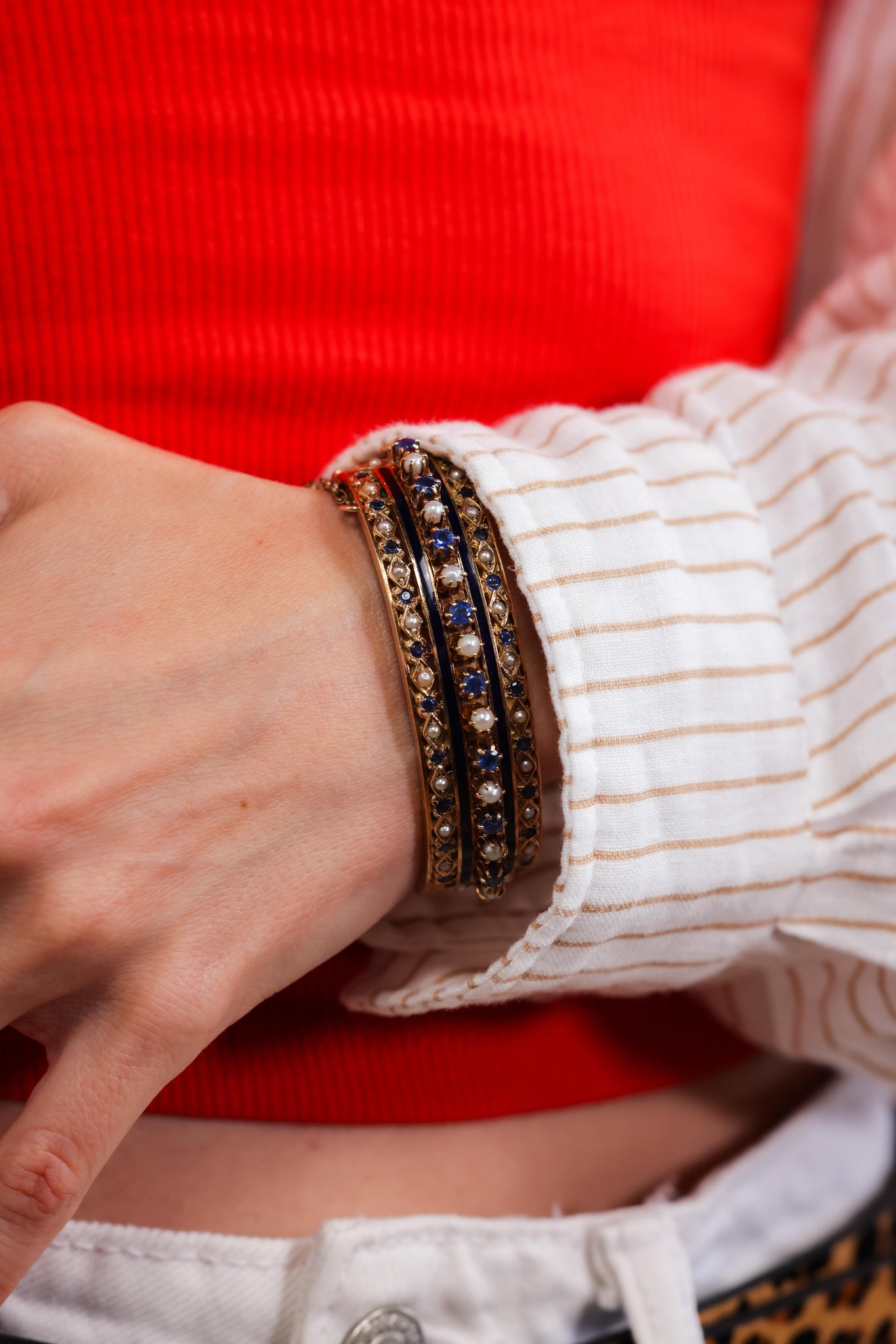 Victorian Sapphire Pearl Enamel Yellow Gold Bangle Bracelet Bracelets Jack Weir & Sons   