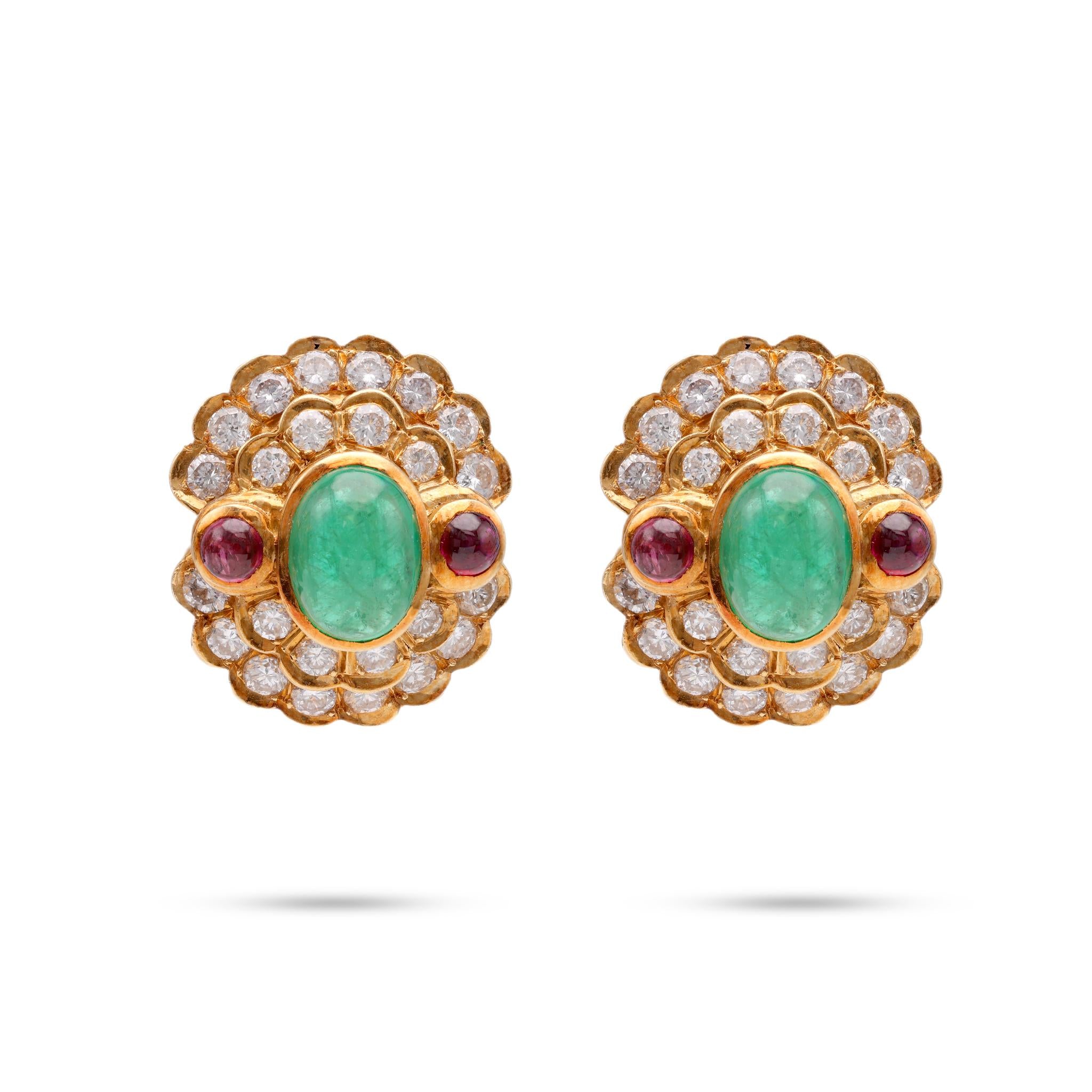 Emerald Diamond Ruby Yellow Gold Cluster Earrings  Jack Weir & Sons   