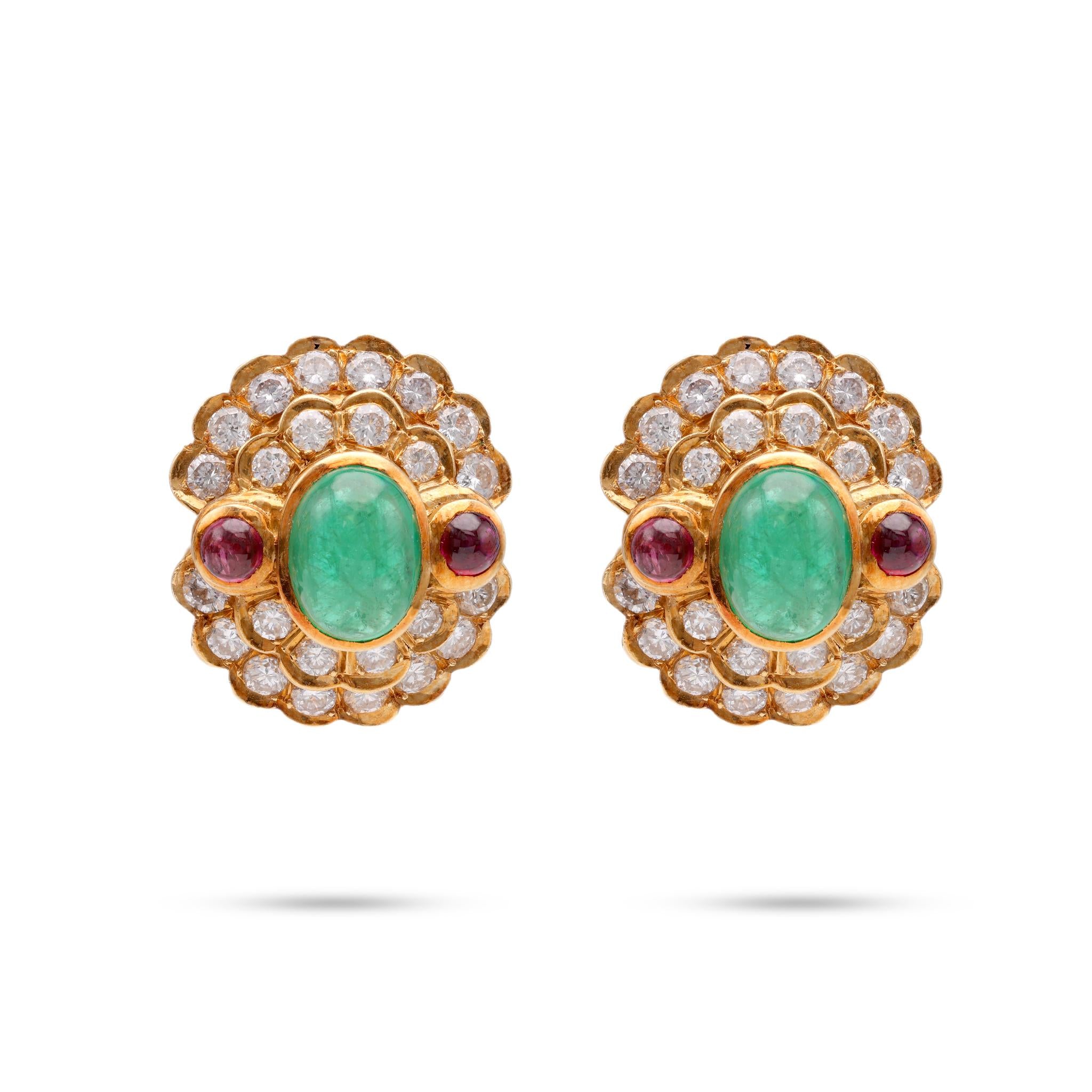 Emerald Diamond Ruby Yellow Gold Cluster Earrings Earrings Jack Weir & Sons   