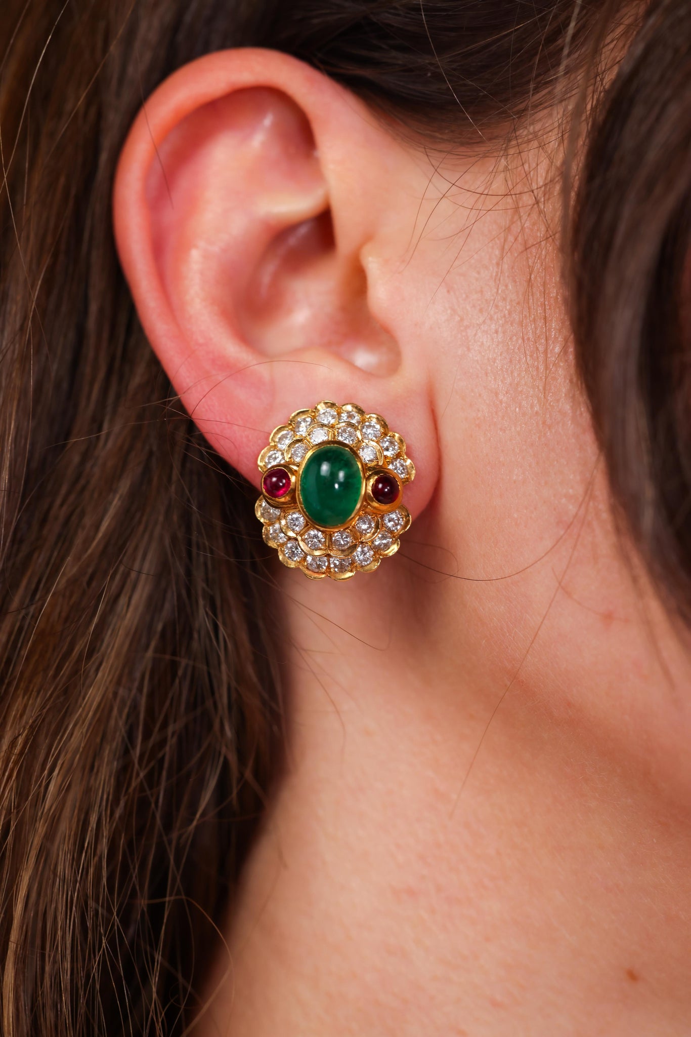 Emerald Diamond Ruby Yellow Gold Cluster Earrings