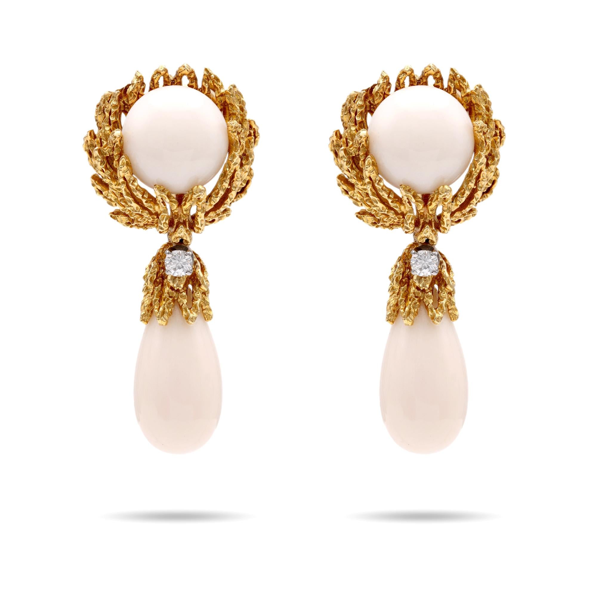 Mid-Century White Coral Diamond Yellow Gold Drop Earrings