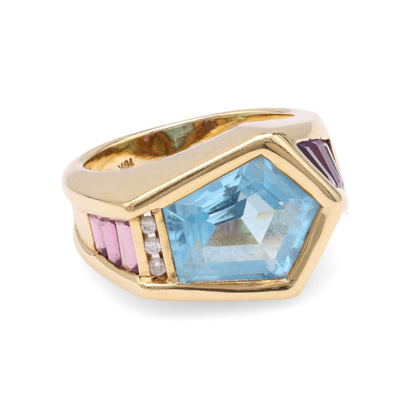 Modern Blue Topaz Amethyst Diamond Abstract Yellow Gold Ring Rings Jack Weir & Sons   