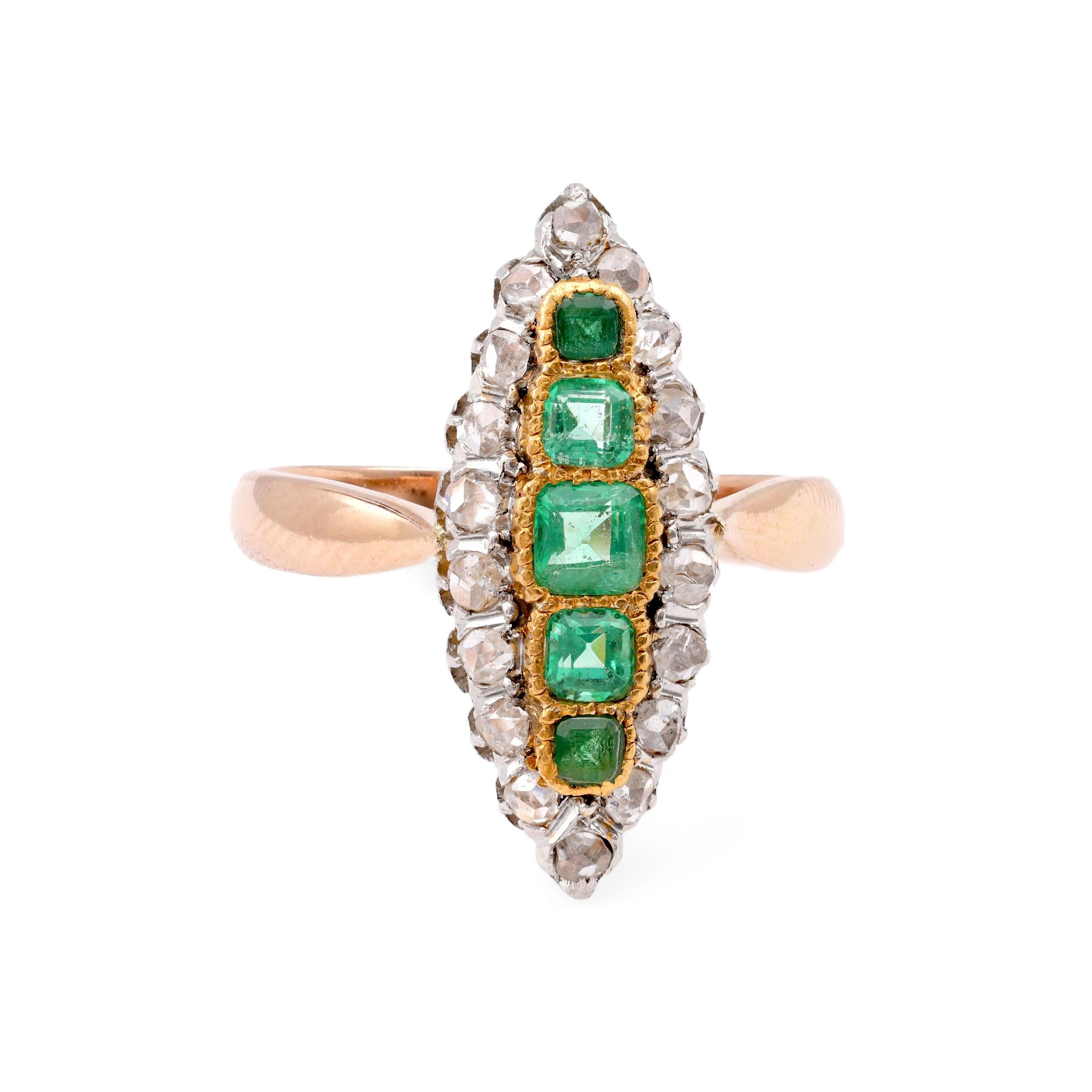 European Art Deco Emerald Diamond Yellow Gold and Platinum Navette Ring  Jack Weir & Sons   