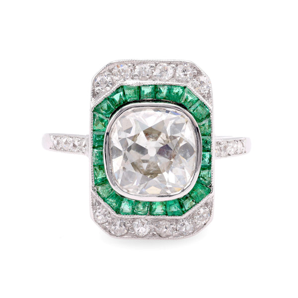 Art Deco GIA 2.11 Carat Old Mine Cut Diamond Emerald Platinum Engagement Ring Rings Jack Weir & Sons   