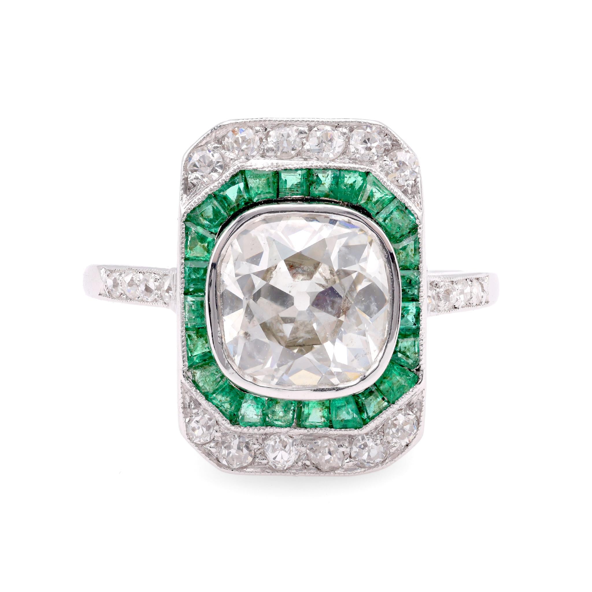 Art Deco GIA 2.11 Carat Old Mine Cut Diamond Emerald Platinum Engagement Ring  Jack Weir & Sons   