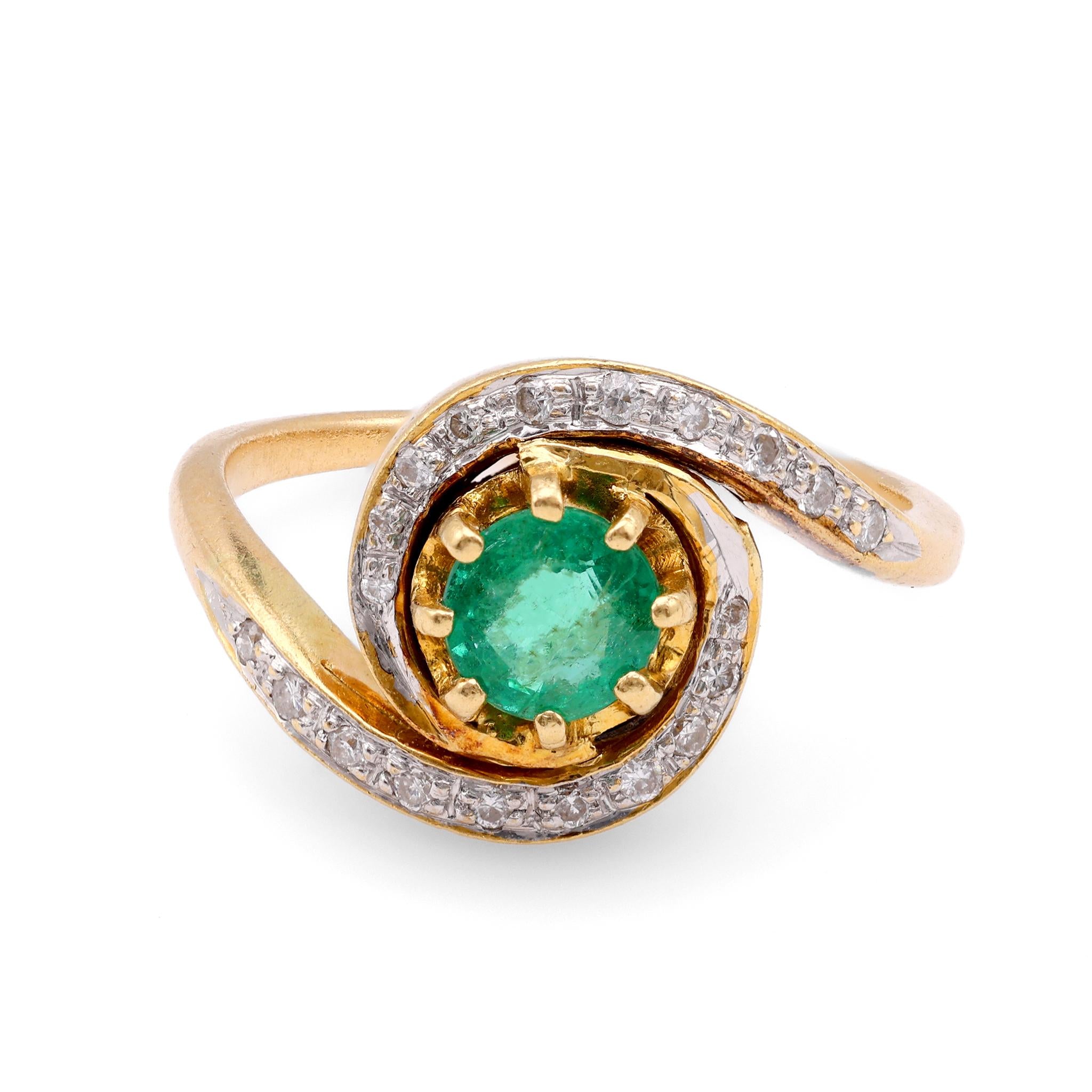 French Belle Epoque Emerald Diamond 18K Yellow Gold Swirl Ring Rings Jack Weir & Sons   