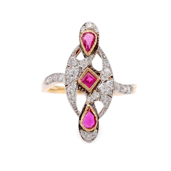 French Ruby Diamond Two Tone Navette Ring Rings Jack Weir & Sons   