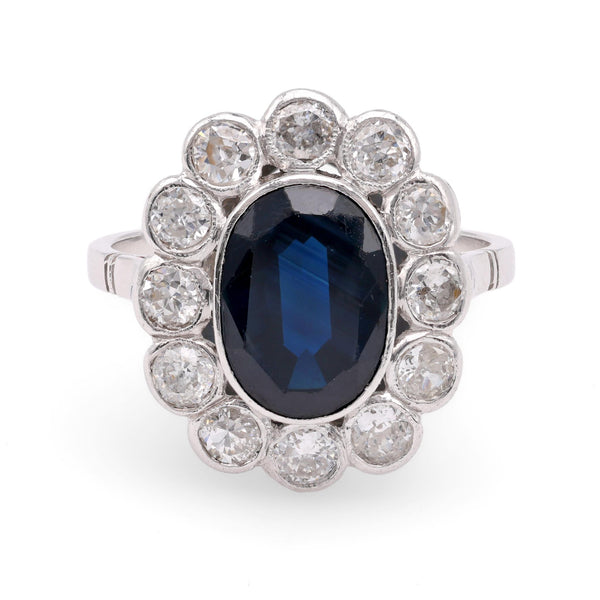 Edwardian 2.9 Carat Oval Cut Sapphire Diamond Platinum Cluster Ring Rings Jack Weir & Sons   