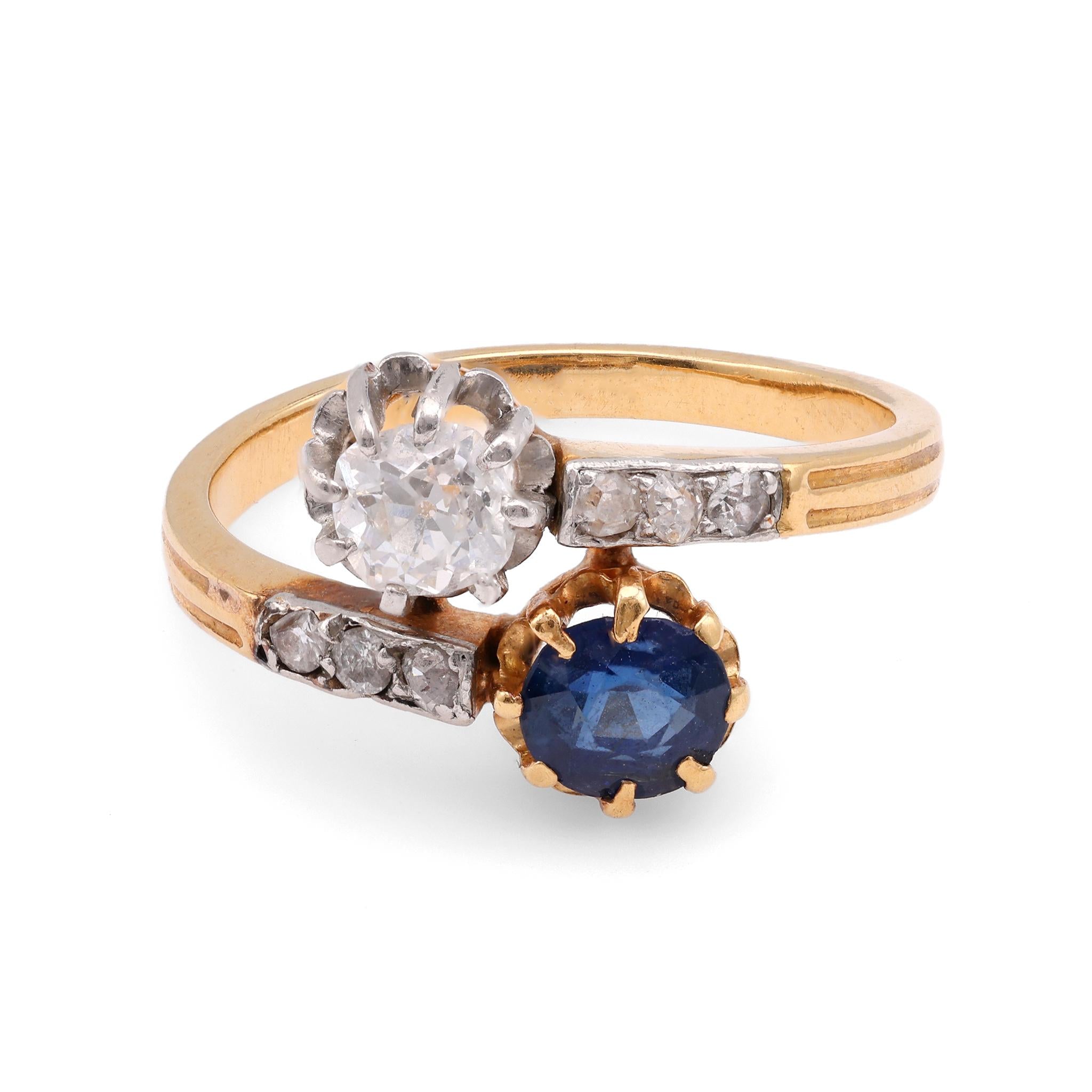 Edwardian Old Mine Cut Diamond Sapphire 18K Yellow Gold Toe Et Moi Ring Rings Jack Weir & Sons   