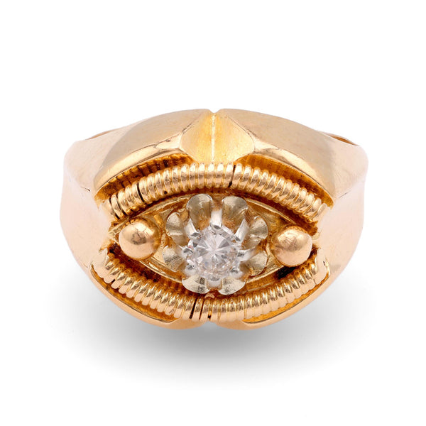 French Retro Round Brilliant Cut Diamond 18K Rose Gold Tank Ring Rings Jack Weir & Sons   