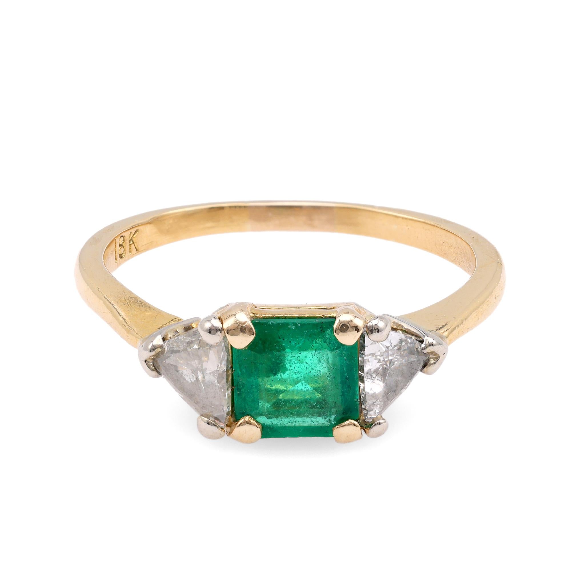 Vintage Emerald Diamond 18K Yellow Gold Three Stone Ring  Jack Weir & Sons   