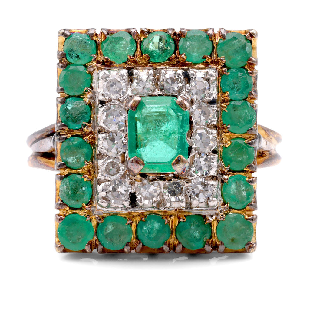 Belle Époque French Emerald Diamond 14K Yellow Gold Halo Ring Rings Jack Weir & Sons   