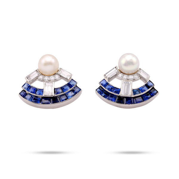 Mid Century Pearl Diamond Sapphire 18K White Gold Earrings Earrings Jack Weir & Sons   