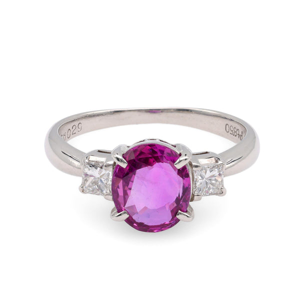 Contemporary 1.86 Carat Oval Pink Sapphire Diamond Platinum Three Stone Ring Rings Jack Weir & Sons   