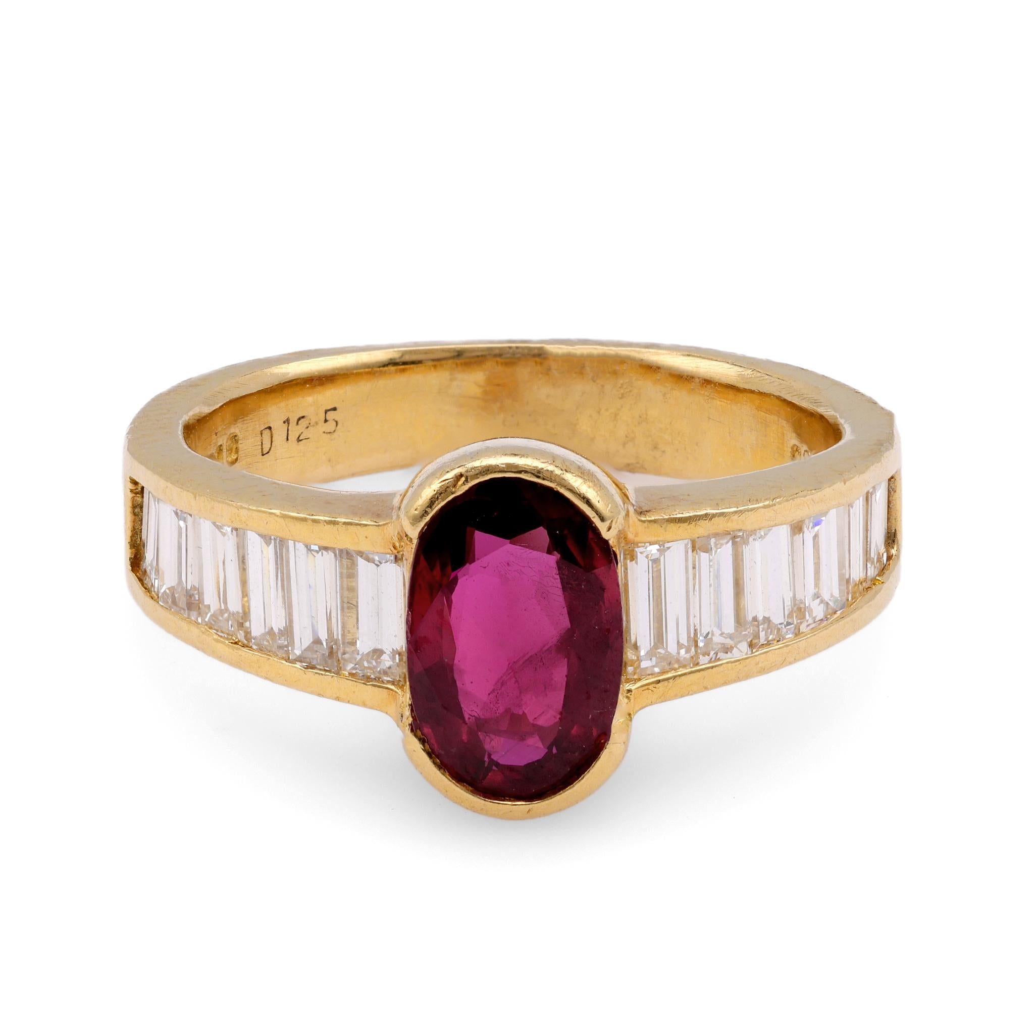 French 1.30 Carat Oval Cut Ruby Diamond 18K Yellow Gold Ring  Jack Weir & Sons   