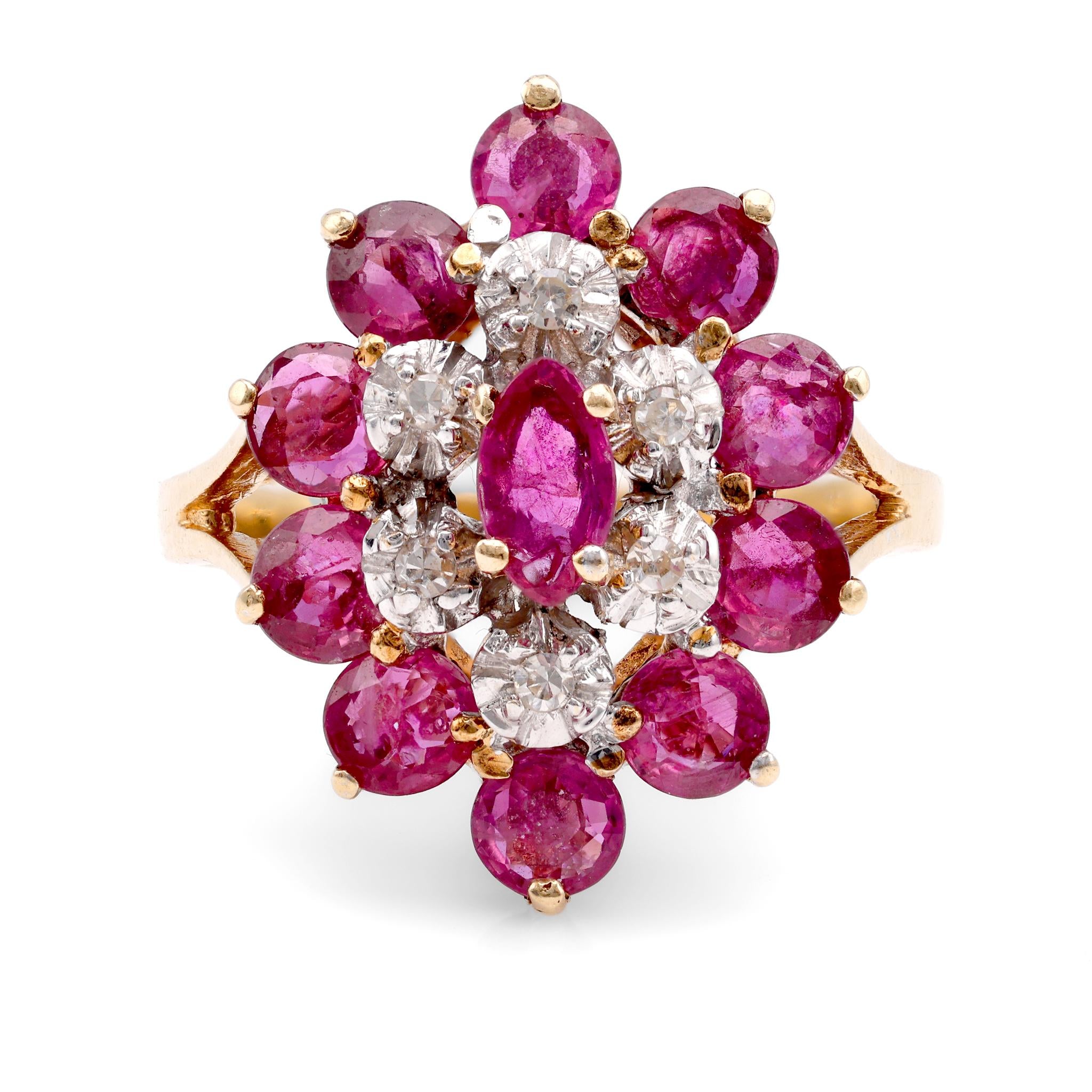 Retro Ruby Diamond 14K Yellow and Gold Cluster Ring  Jack Weir & Sons   