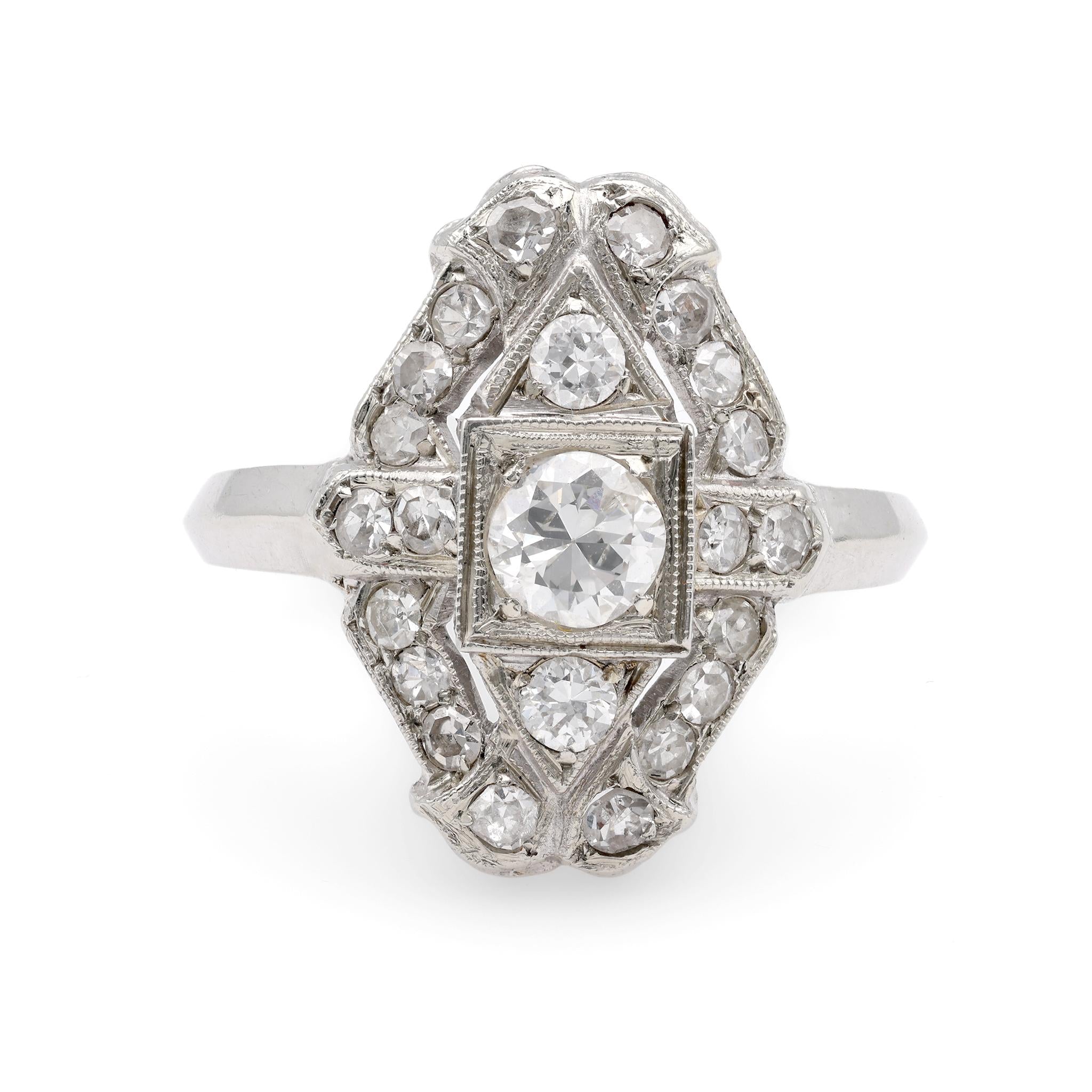 Art Deco Old European Cut Diamond 18k White Gold Navette Engagement Ring  Jack Weir & Sons   