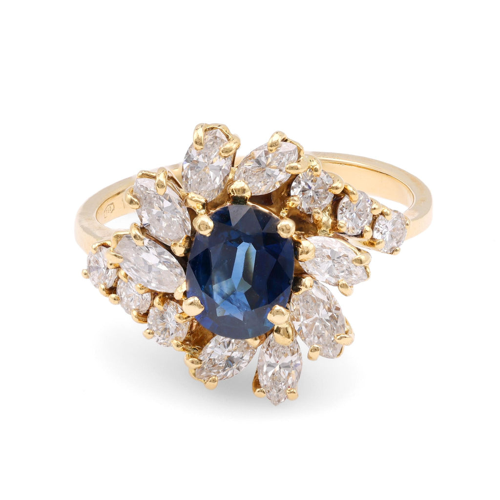 Vintage Sapphire Diamond 18K Yellow Gold Cluster Ring  GP   