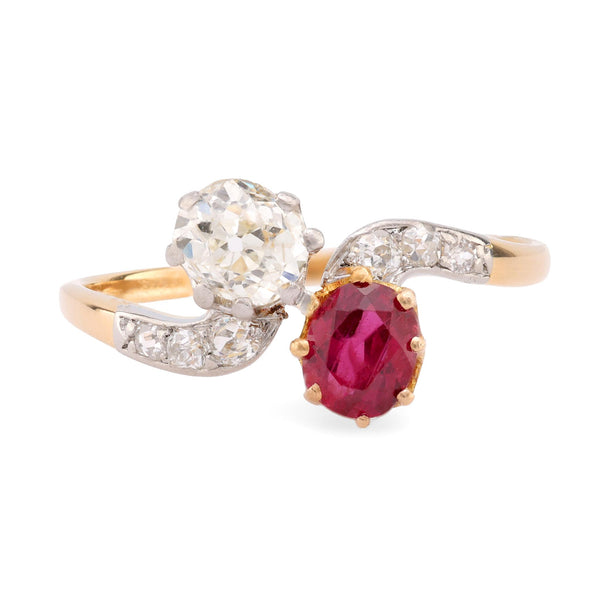 Edwardian Diamond Ruby 18K Yellow Gold Toi Et Moi Ring  Jack Weir & Sons   