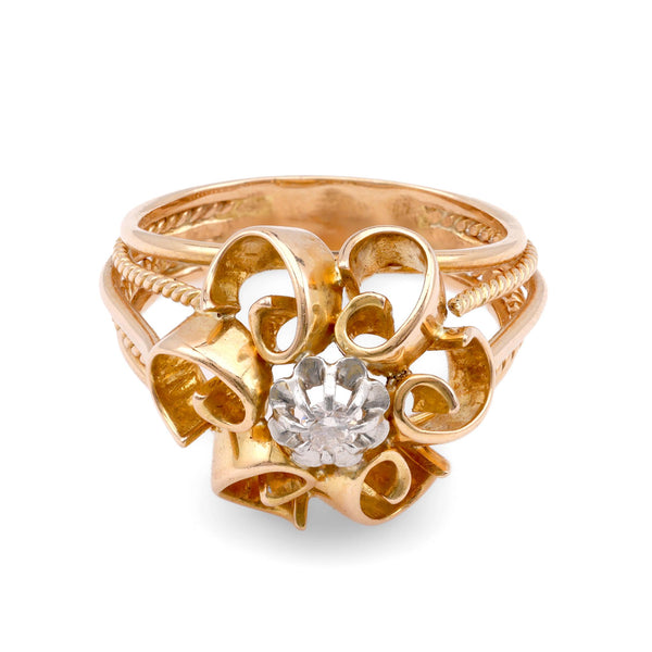 Retro French Diamond Yellow Gold and Platinum Floral Cocktail Ring Rings Jack Weir & Sons   