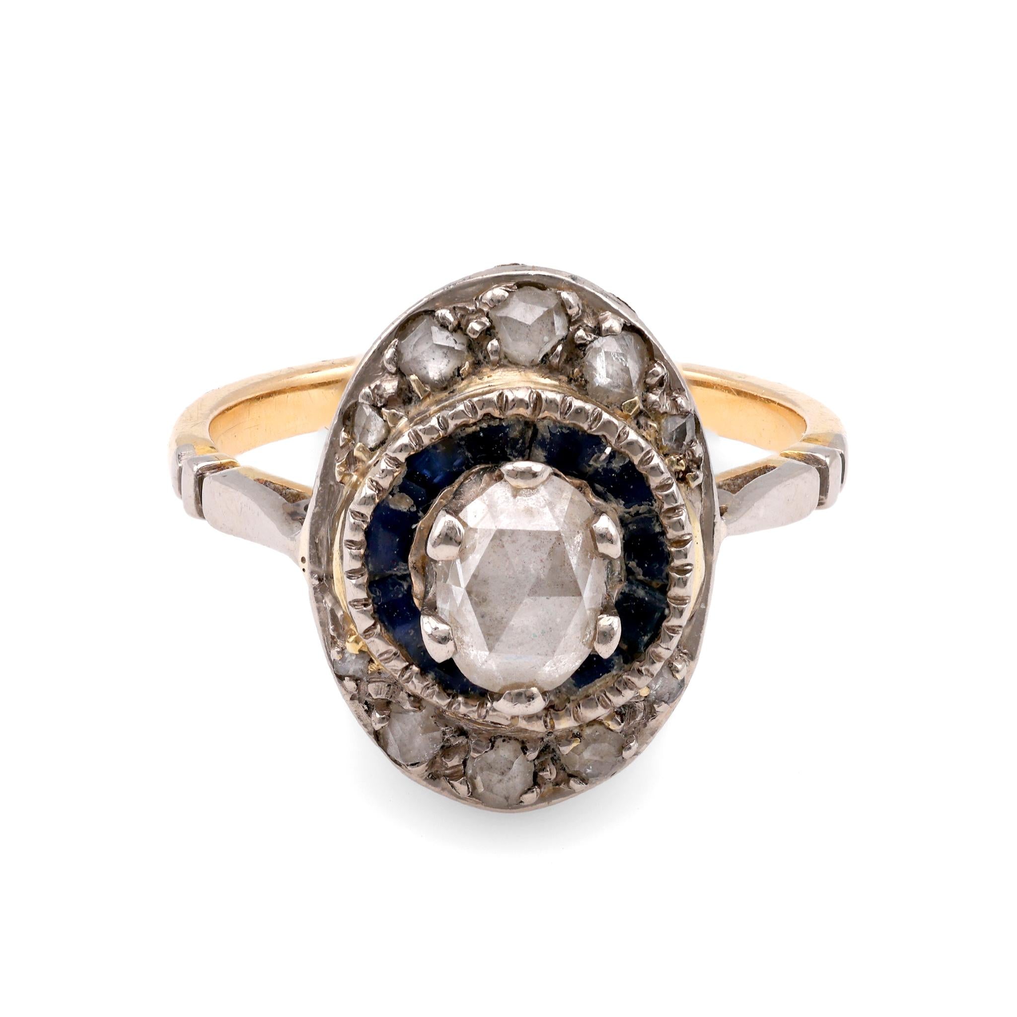 French Belle Epoque Diamond Sapphire Yellow Gold & White Gold Cluster Ring Rings Jack Weir & Sons   