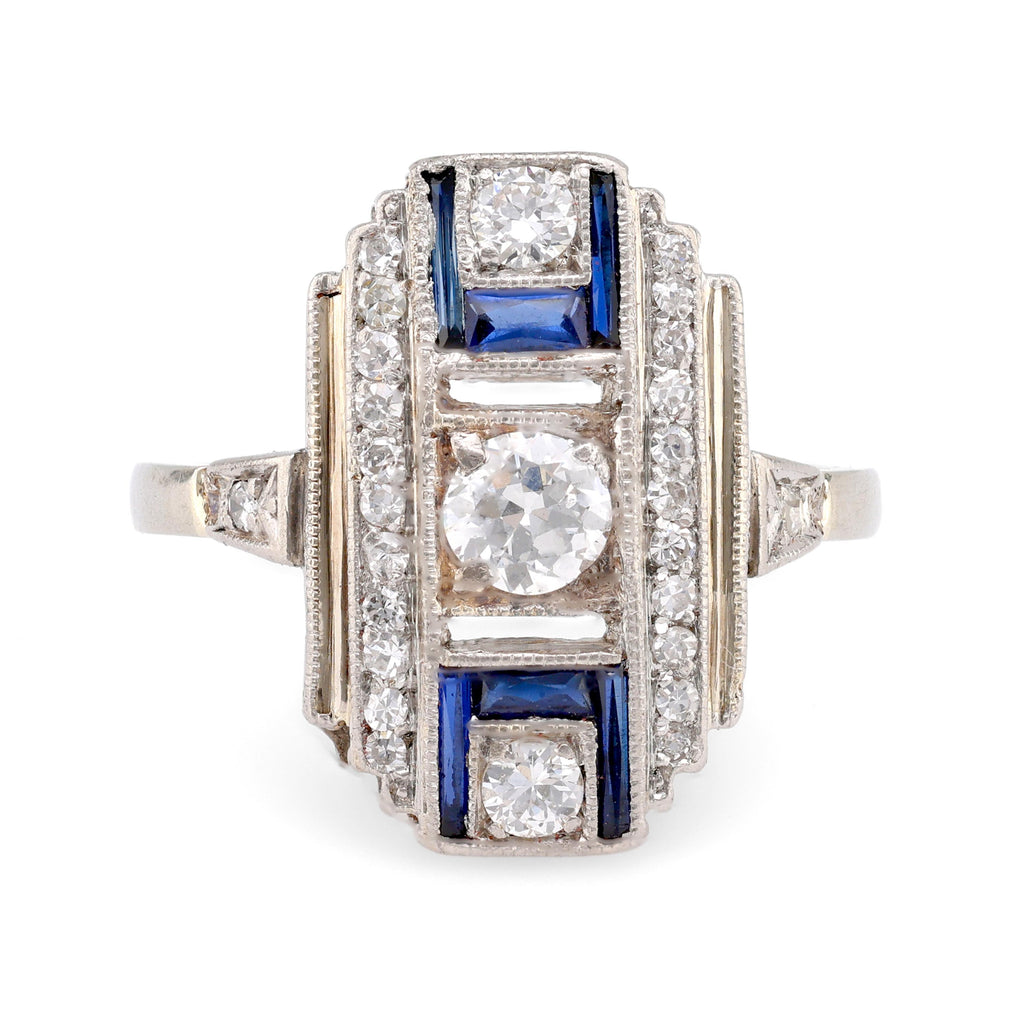 Art Deco Diamond Sapphire 14K White Gold Ring