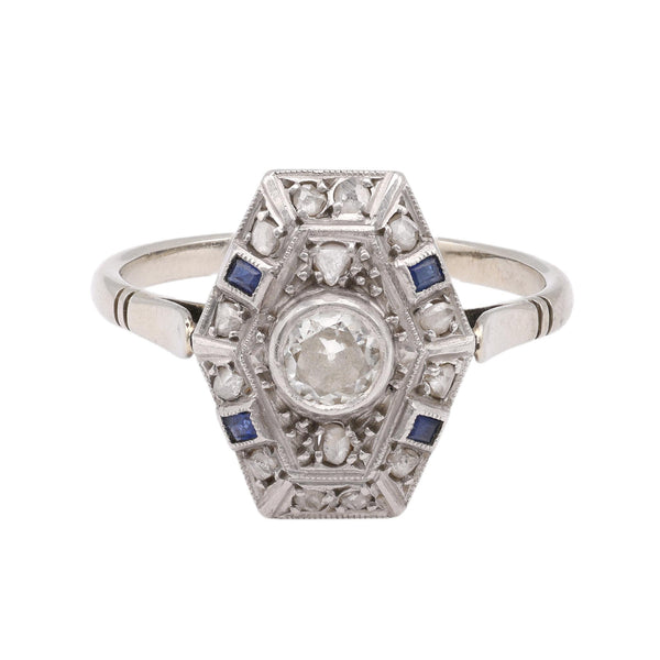 Art Deco Old European Cut Diamond Sapphire 18k White Gold Shield Ring Rings Jack Weir & Sons   