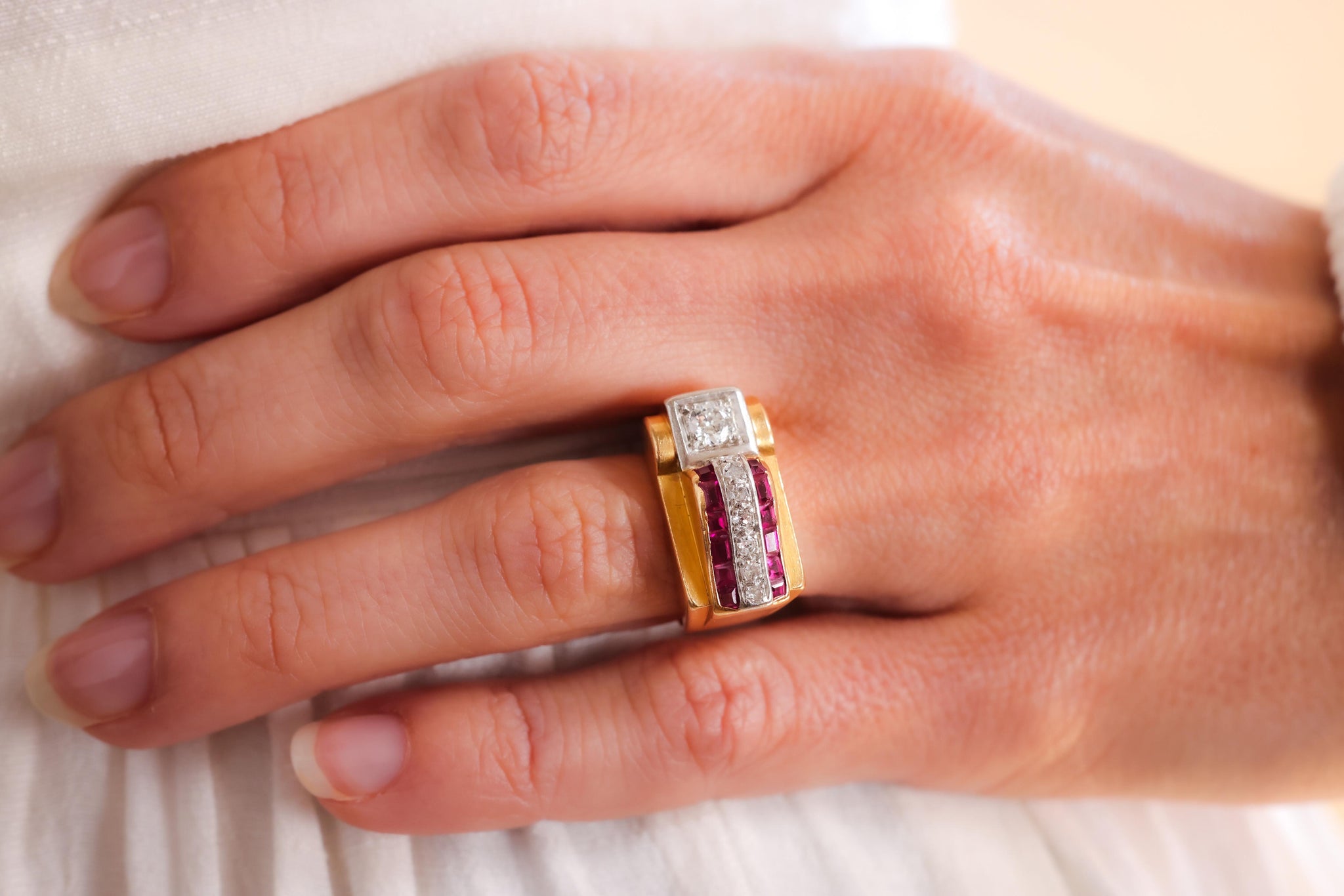 Retro French 0.25 Carat Old European Diamond and Ruby 18k Yellow Gold Tank Ring  Jack Weir & Sons   