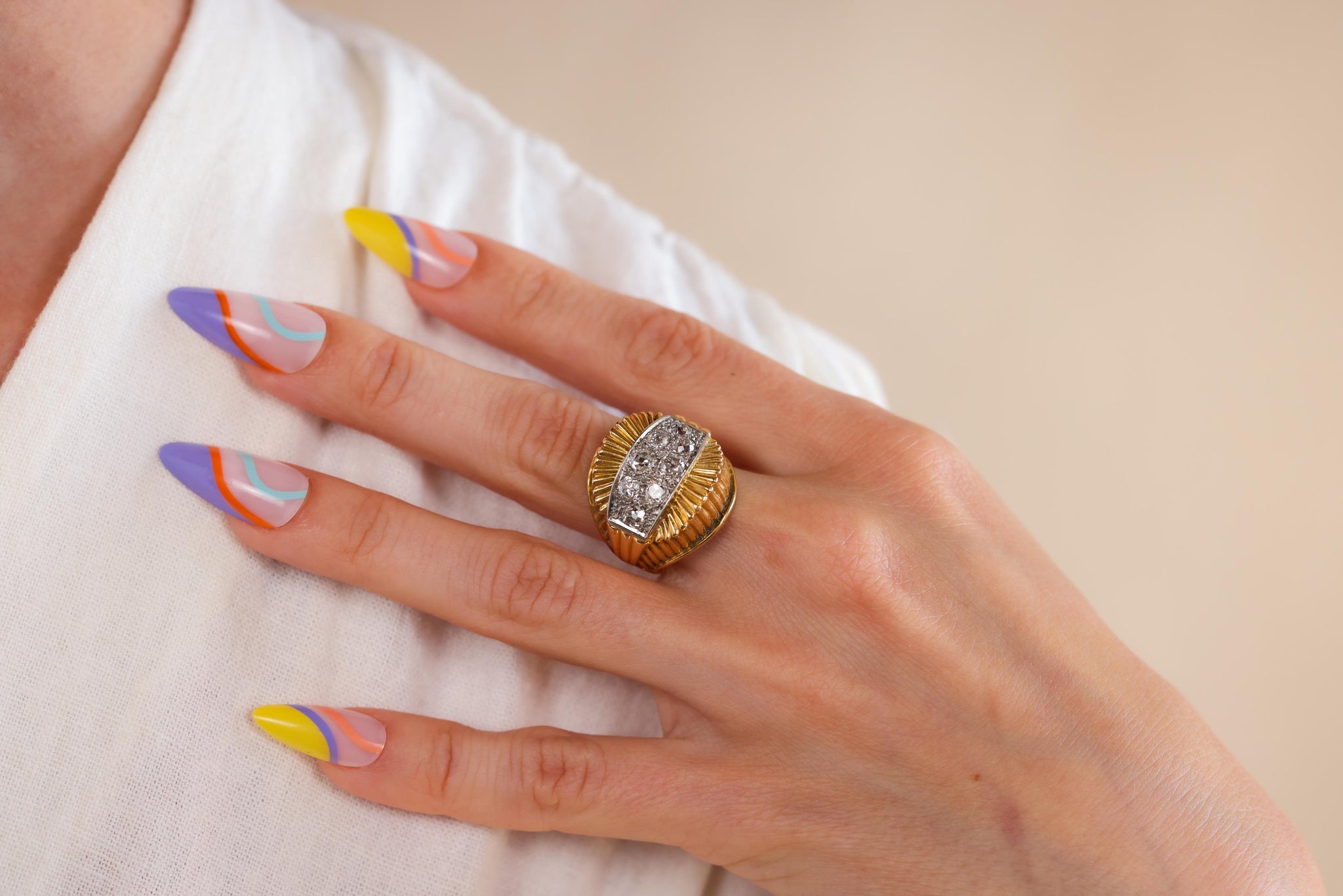 French Retro Diamond Yellow Gold Cocktail Ring  Jack Weir & Sons   