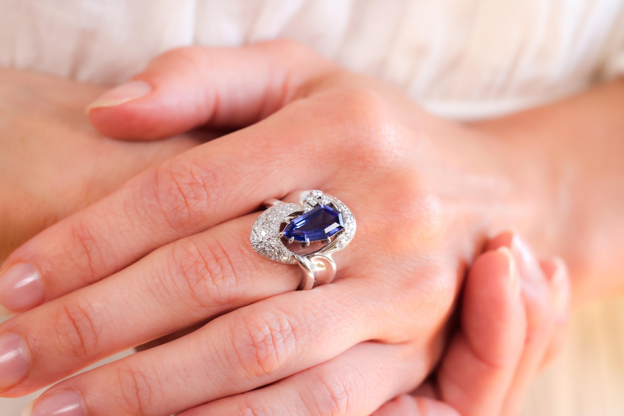 Modern 2.31 Carat Coffin Step Cut Tanzanite Diamond Platinum Cocktail Ring Rings Jack Weir & Sons