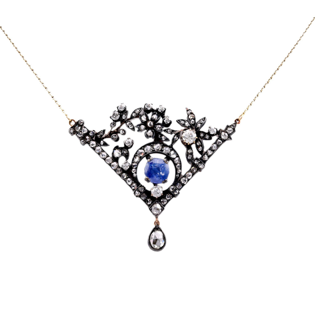 Antique Style  4 Carat Sapphire Diamond 18K Yellow Gold Silver Necklace Necklaces Jack Weir & Sons   