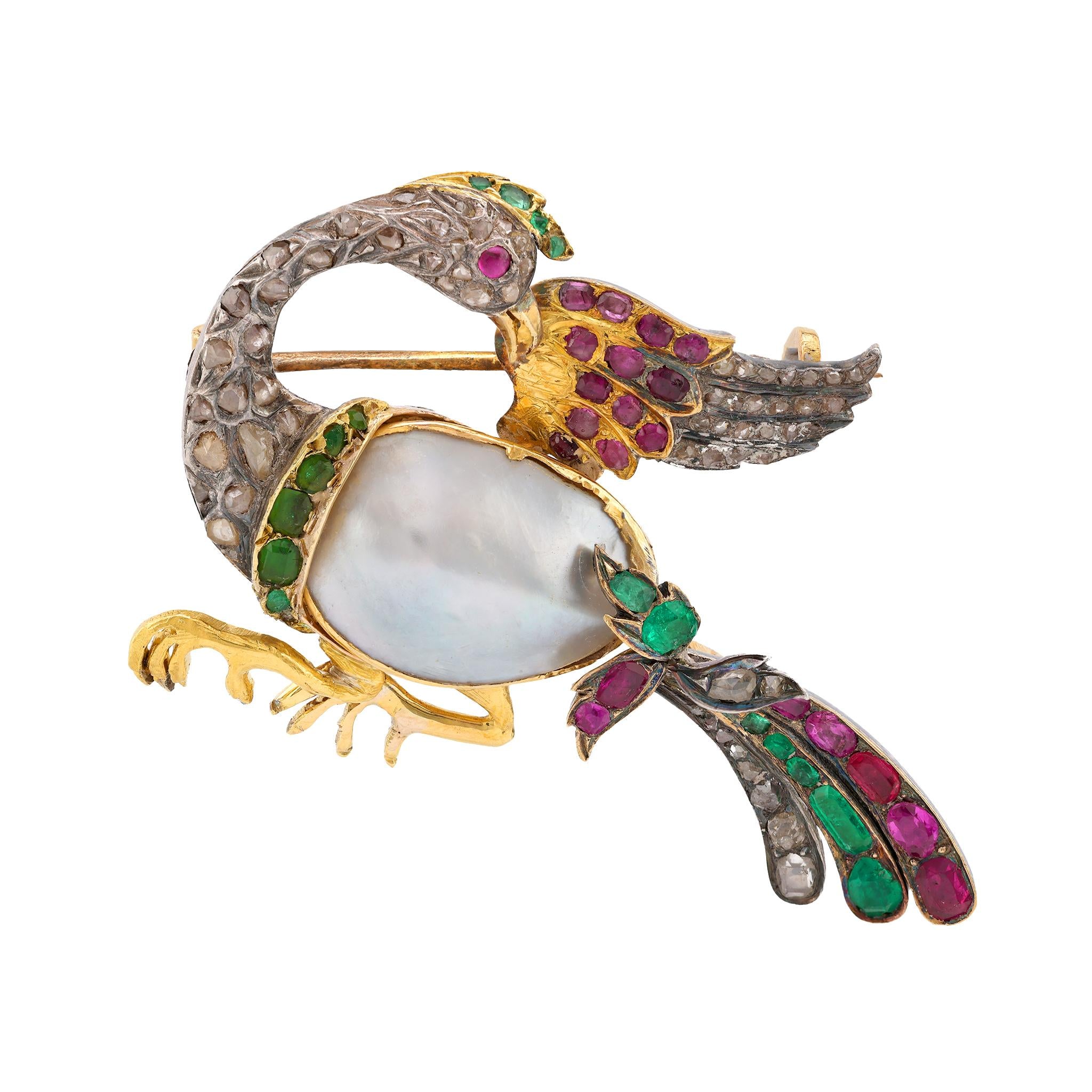 Antique Pearl Emerald Ruby Peridot Diamond Gold and Silver Bird Brooch Brooches Jack Weir & Sons   