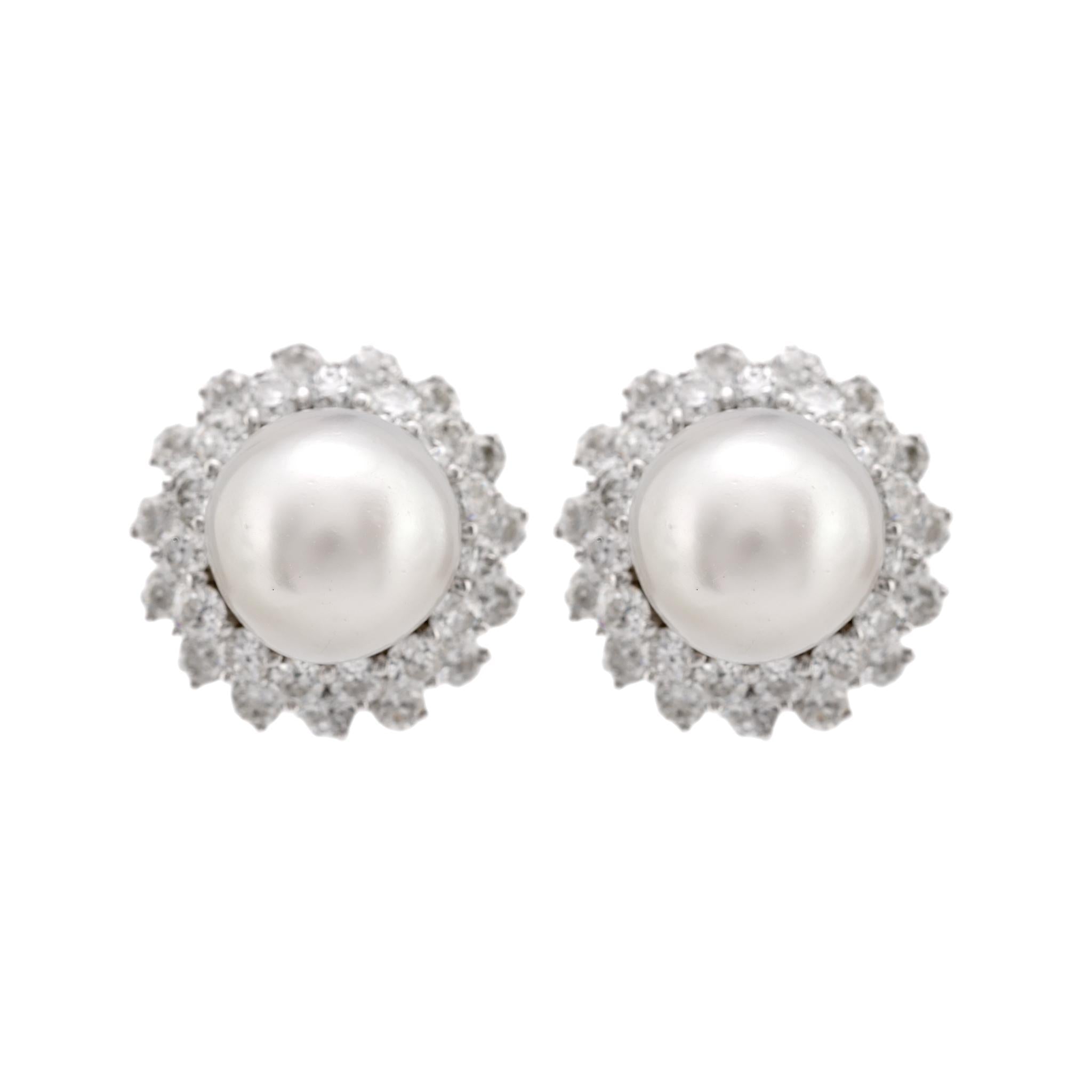 Mid Century South Sea Pearl 7 Carat Total Weight Diamond Platinum Cluster Studs Earrings Jack Weir & Sons