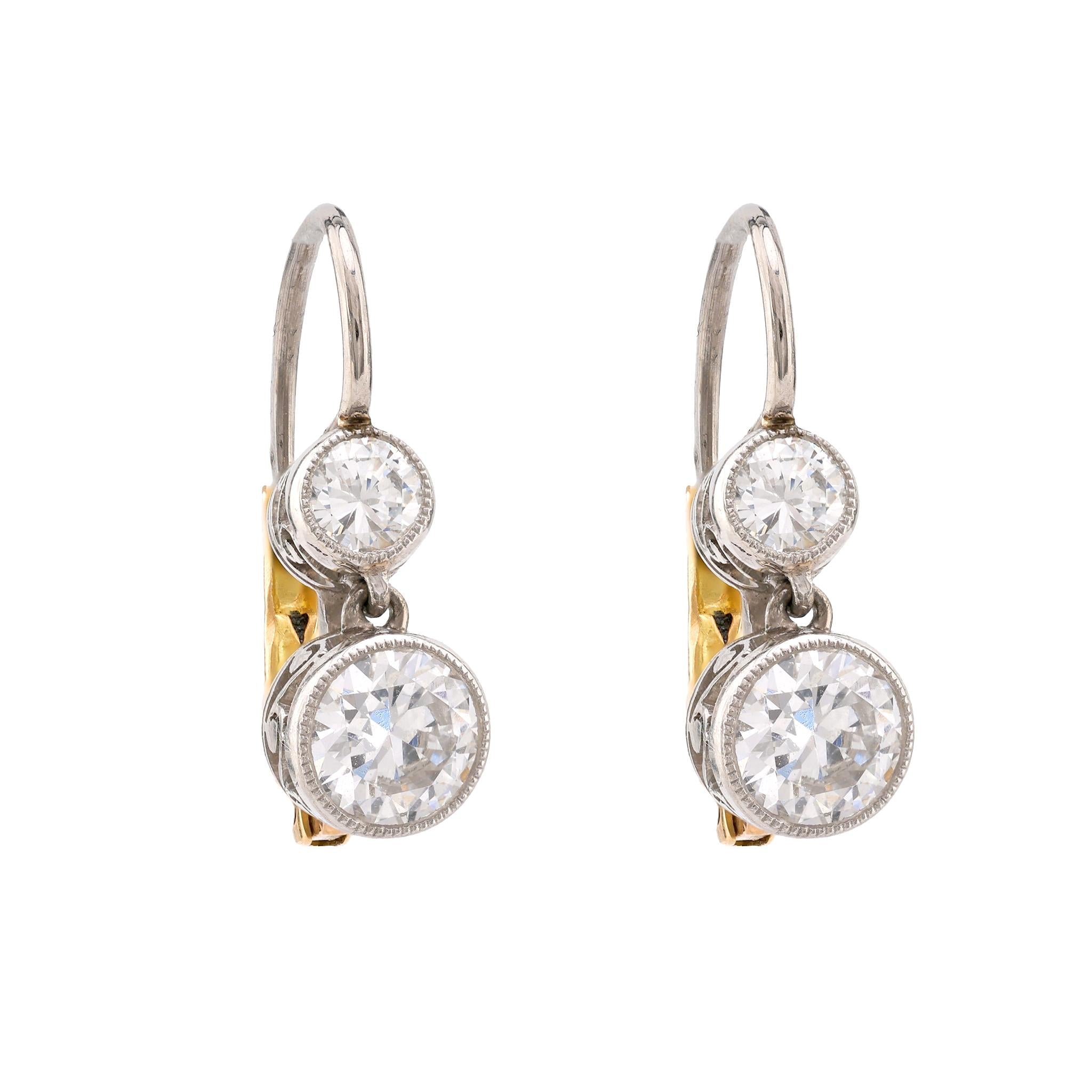 Edwardian Inspired Diamond Platinum Two Stone Drop Earrings Earrings Jack Weir & Sons   