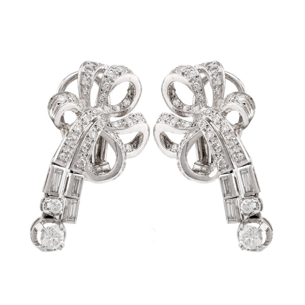 Mid Century Diamond Platinum Ribbon Earrings Earrings Jack Weir & Sons