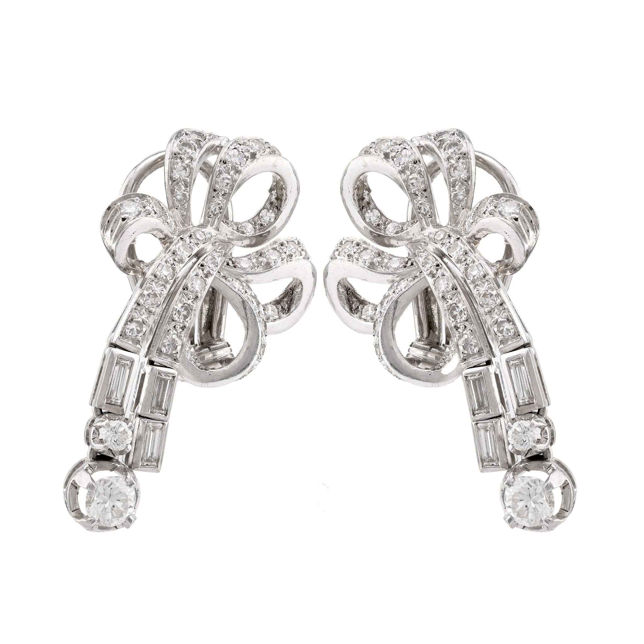 Mid Century Diamond Platinum Ribbon Earrings Earrings Jack Weir & Sons   