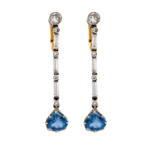 Edwardian Style Aquamarine Diamond 18K Yellow White Gold Drop Earrings Earrings Jack Weir & Sons   