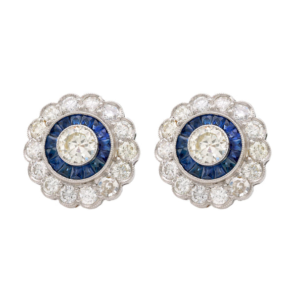 Art Deco Inspired Diamond Sapphire Platinum Halo Studs Earrings Jack Weir & Sons   