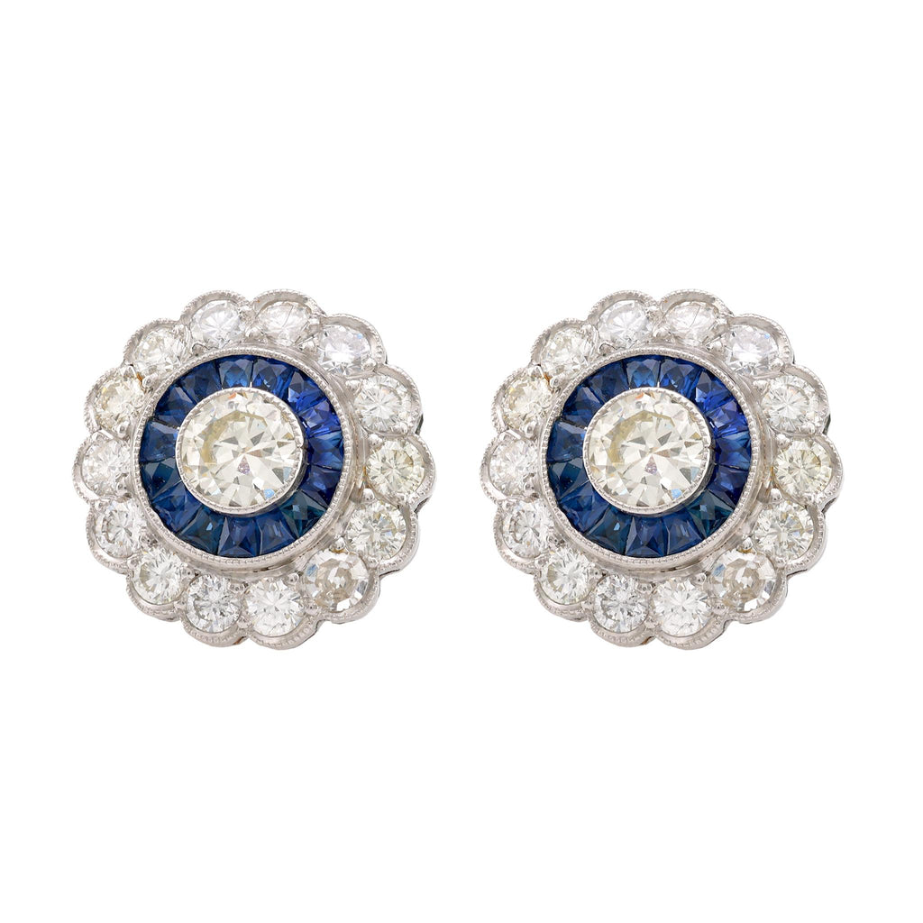 Art Deco Inspired Diamond Sapphire Platinum Halo Studs Earrings Jack Weir & Sons   