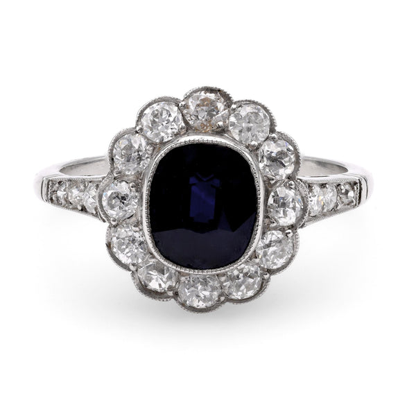 Edwardian Inspired 2.06 Carat Cushion Cut Sapphire Diamond Platinum Cluster Ring Rings Jack Weir & Sons