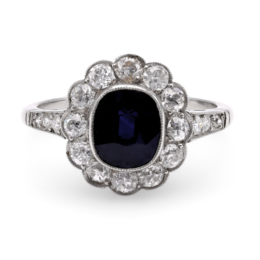 Edwardian Inspired 2.06 Carat Cushion Cut Sapphire Diamond Platinum Cluster Ring Rings Jack Weir & Sons   