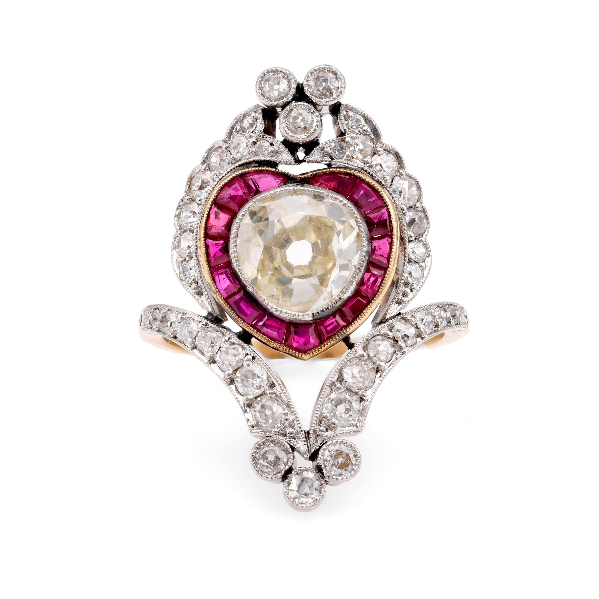Belle Époque Style  2.12 Carat Diamond Ruby 18K Yellow Gold Cocktail Ring  Jack Weir & Sons   