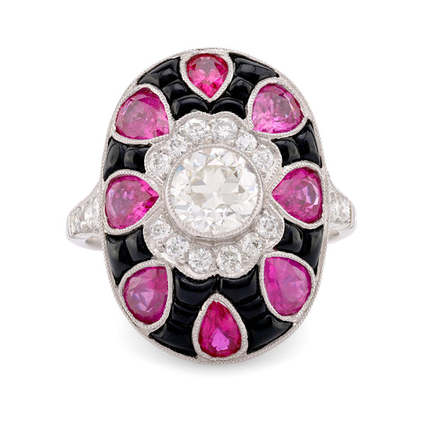 Art Deco Style Diamond Ruby Onyx Platinum Ring  Jack Weir & Sons   