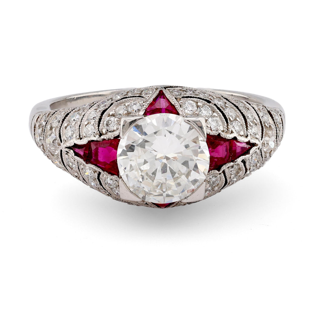 Art Deco Inspired 1.03 Carat Round Brilliant Cut Diamond Ruby Platinum Ring  Jack Weir & Sons   