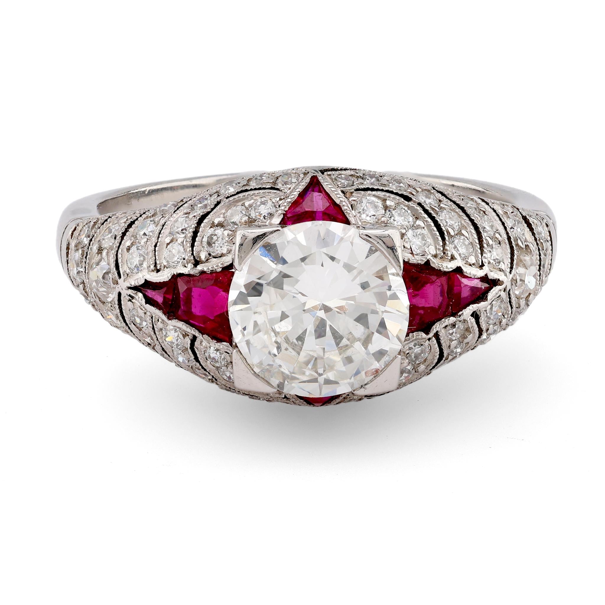 Art Deco Inspired 1.03 Carat Round Brilliant Cut Diamond Ruby Platinum Ring Rings Jack Weir & Sons   