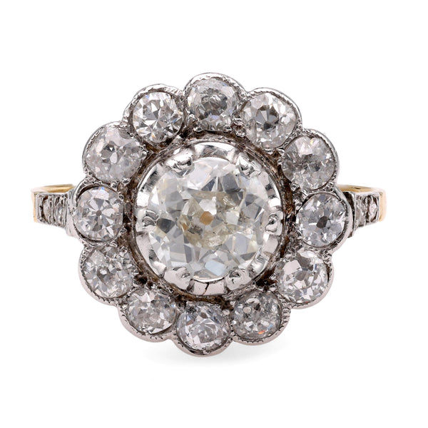 Edwardian Inspired 1.85 Carat Diamond 18K Yellow Gold Cluster Ring Rings Jack Weir & Sons   