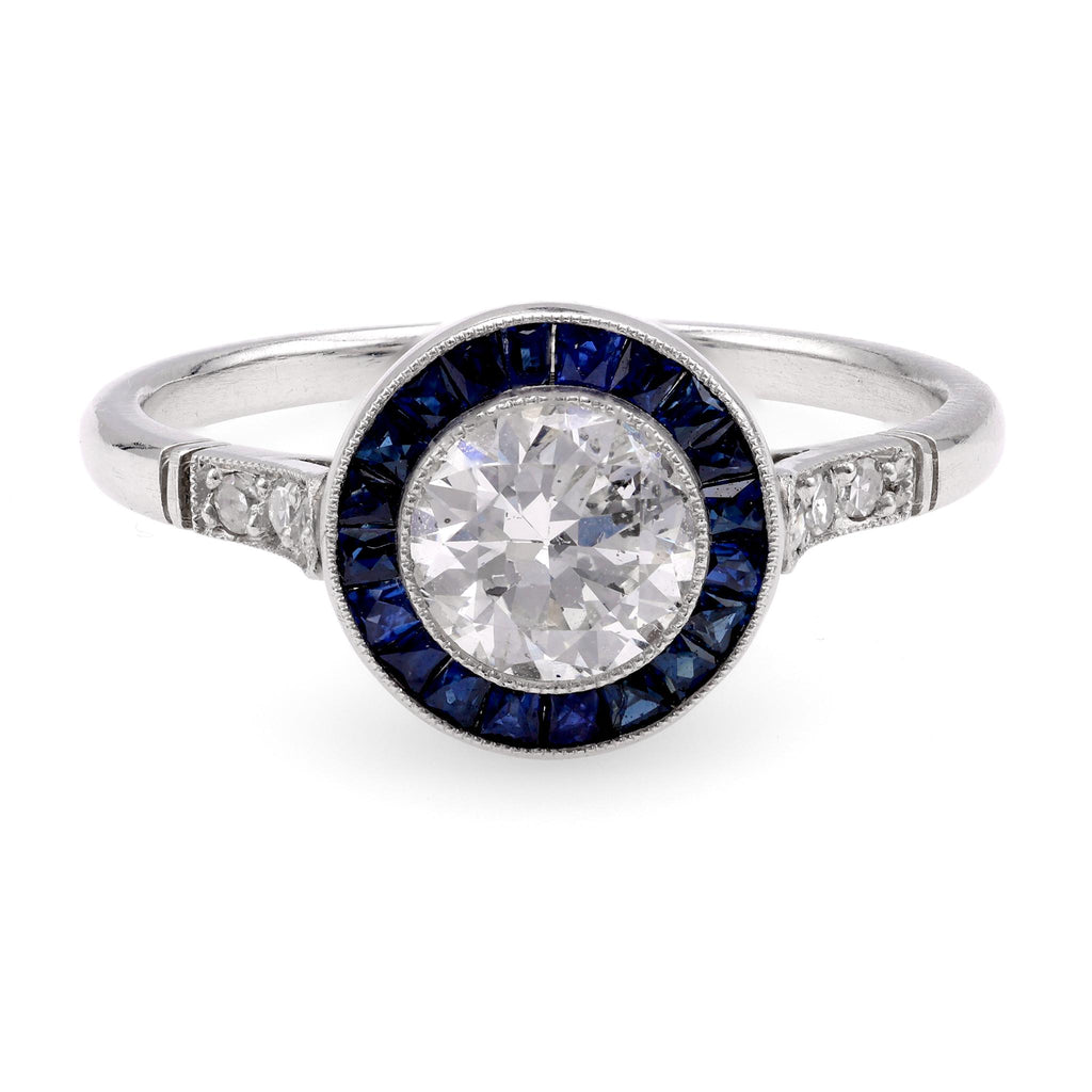 Art Deco Inspired 0.81 Carat Diamond Sapphire Platinum Target Ring Rings Jack Weir & Sons   