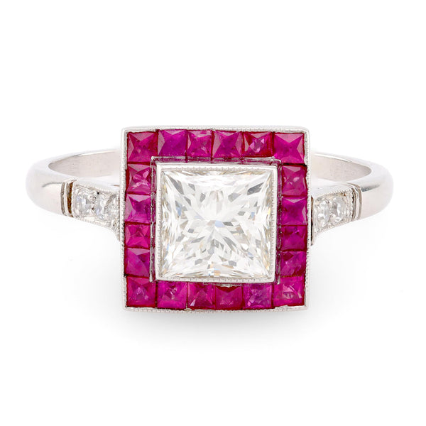 Art Deco Style Diamond Ruby Platinum Square Halo Ring  Jack Weir & Sons   