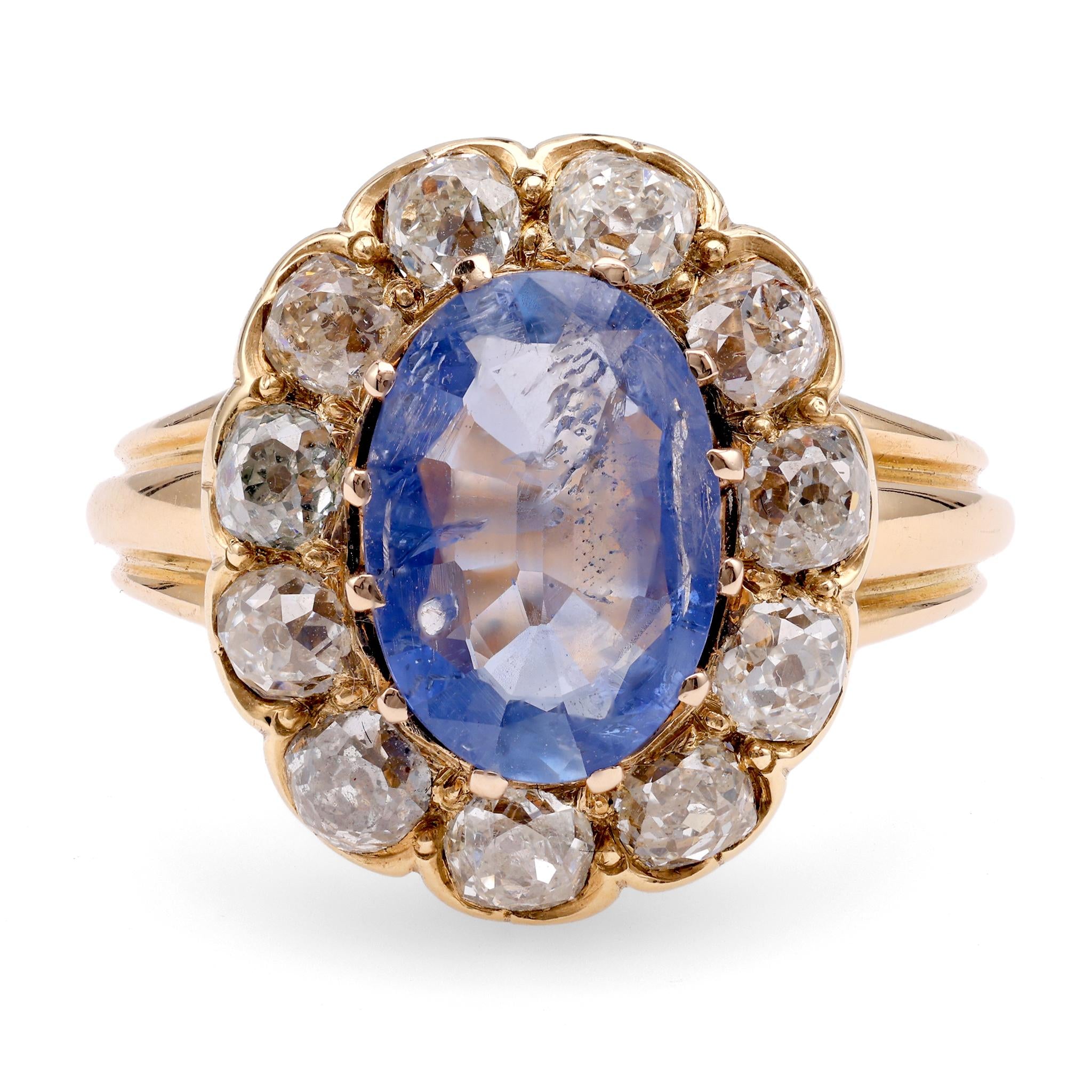 Victorian 2 Carat Sapphire Diamond 18K Yellow Gold Cluster Ring  Jack Weir & Sons   