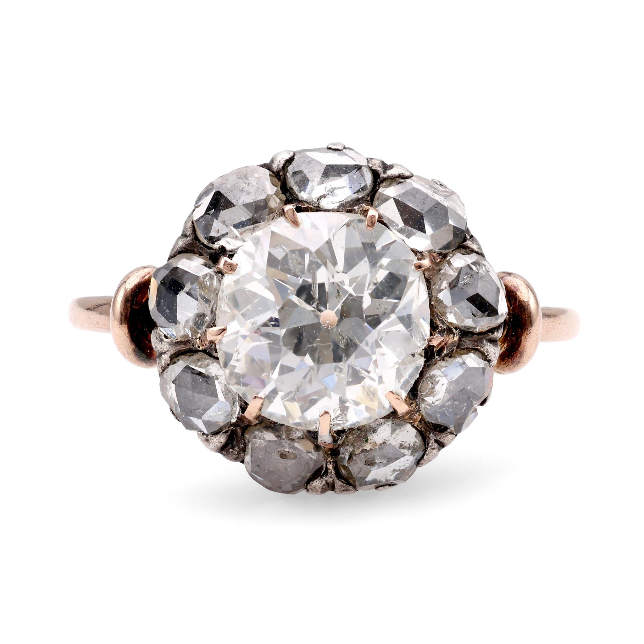 Antique Style 1.74 Carat Old Mine Diamond 18K Rose Gold Silver Cluster Ring  Jack Weir & Sons   